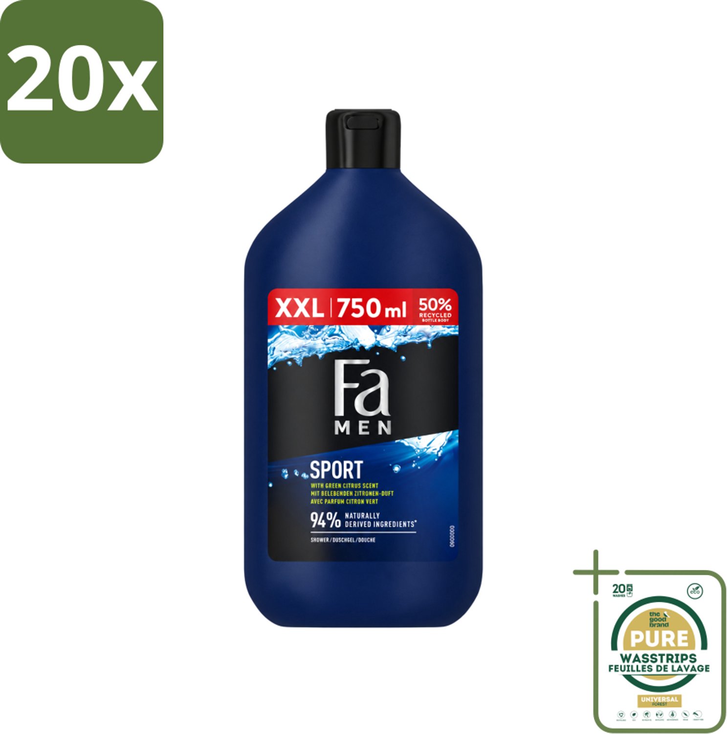 20 x Fa Men - Sport - Douchegel - Groene Citrus - 750 ml - Wasstrips - Douchegel Voor Mannen - Sport Douchegel - Groene Citrus Geur - Verfrissende Douchegel - Dagelijks Gebruik
