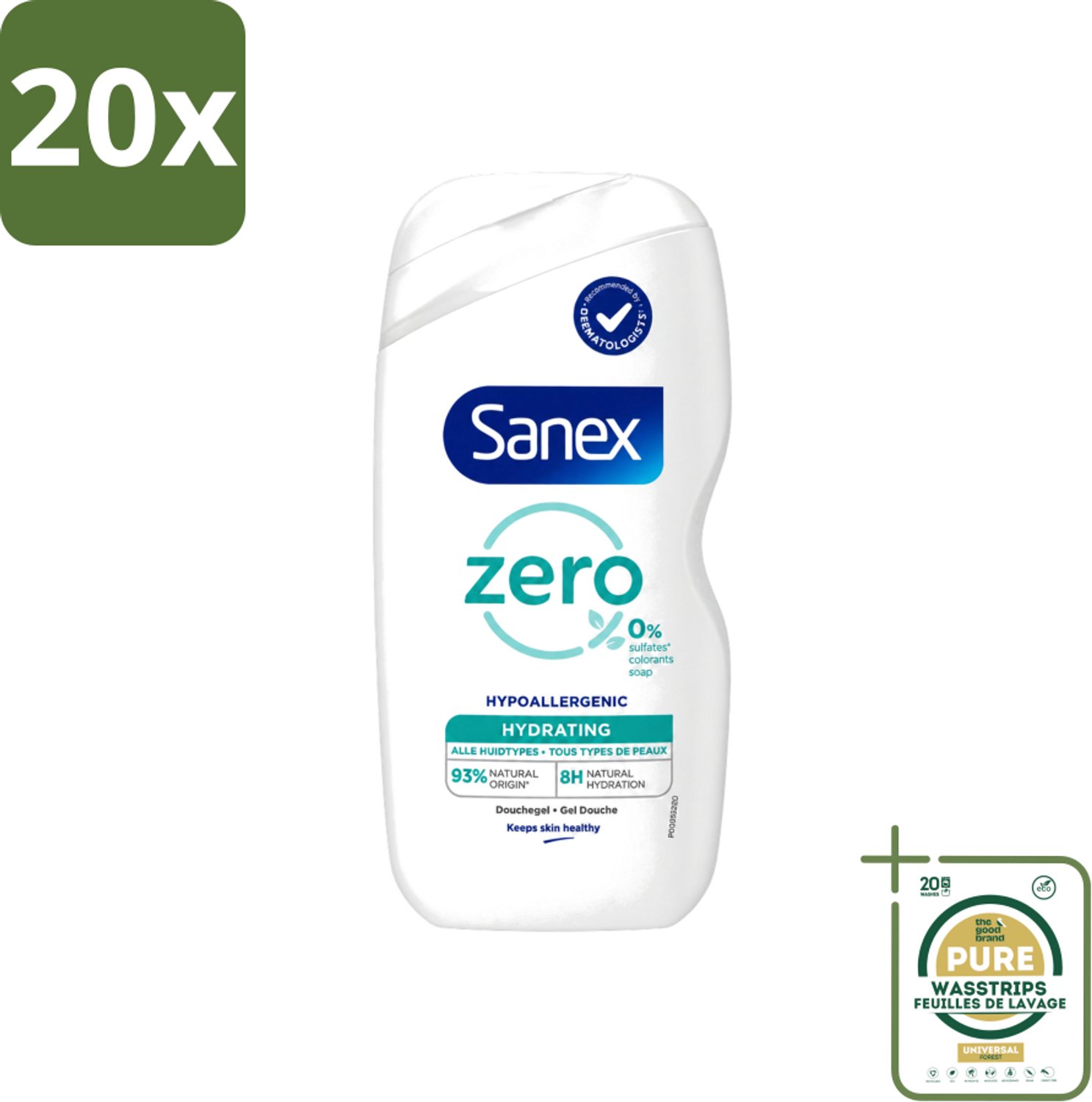 20 x Sanex Zero % - Douchegel - Hydrateert - Alle Huidtypes - 400 ml - Wasstrips - Douchegel - Huidverzorging - Hydraatende Douchegel - 0% Sulfaten - 0% Kleurstoffen