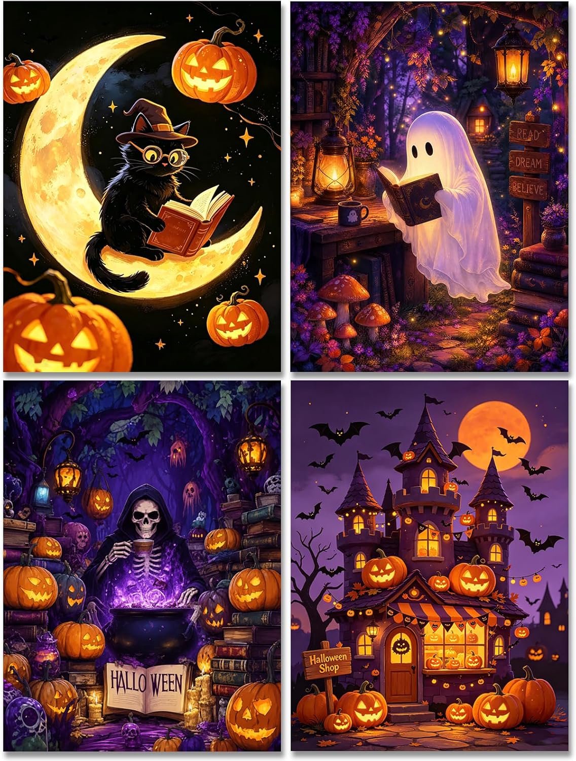5D Diamond Painting Kit voor volwassenen, beginners, Halloween Diamond Art, volledige ronde boor, doe-het-zelf diamantkunst (30 x 40 cm x 4 stuks)