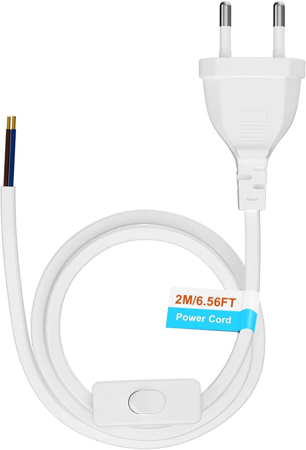 Euro-stroomkabel met schakelaar, lampkabel met schakelaar, 2 m, kabel met schakelaar, eurostekker, verlengkabel voor lampen en lampen thuis (250 V, wit)