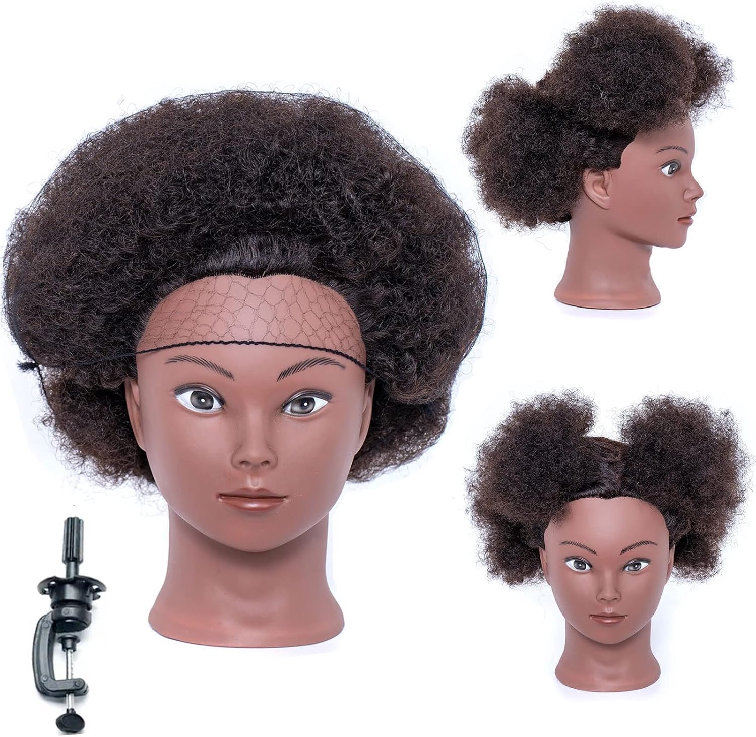 Afro, mannequin, voor styling, voor vlechten, opleiding, met houdertraining, poppenhoofd (20 cm)
