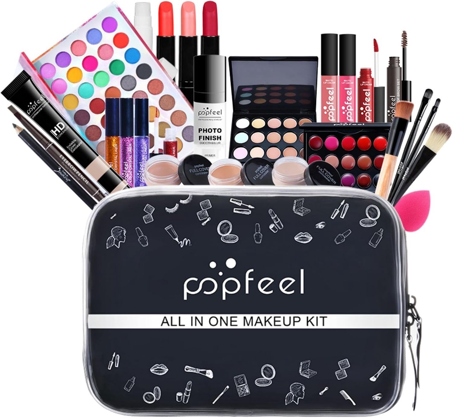 Complete 28-delige Make-up Set met Oogschaduw, Lipstick, Mascara en Borstels in Toilettas
