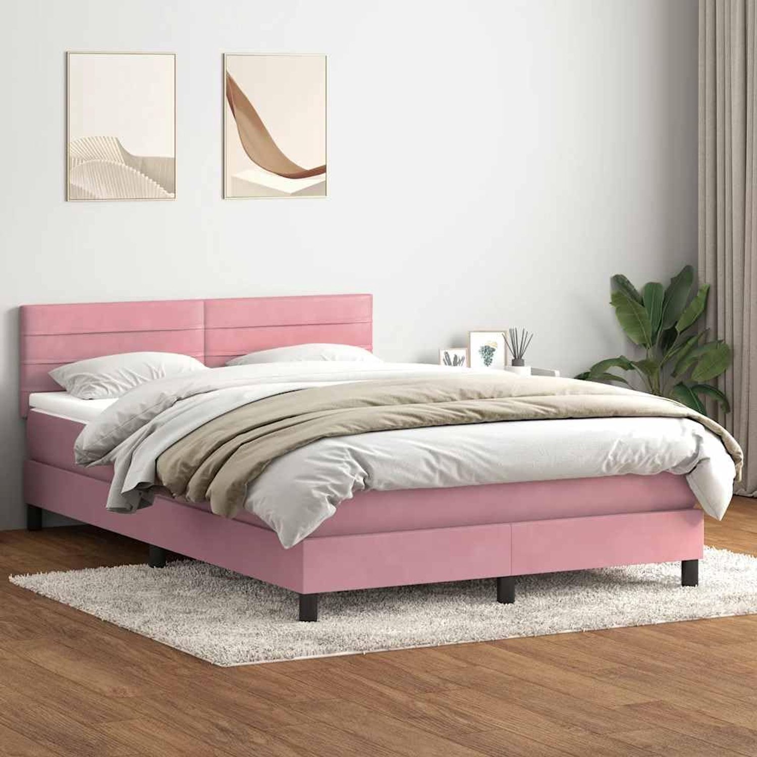Familiebed, tweepersoonsbed, slaapkamermeubel, boxspringbed met matras, roze, 160x220 cm, fluweel
