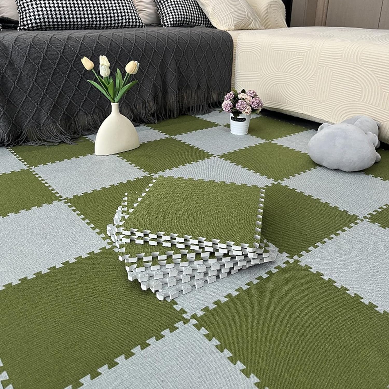 Puzzel Tapijttegels, In Elkaar Grijpende Puzzel Vloermat Tegels, Speelmat Voor Woonkamer, 30X30 Cm (Groen + Lichtgrijs 0,23 Inch)