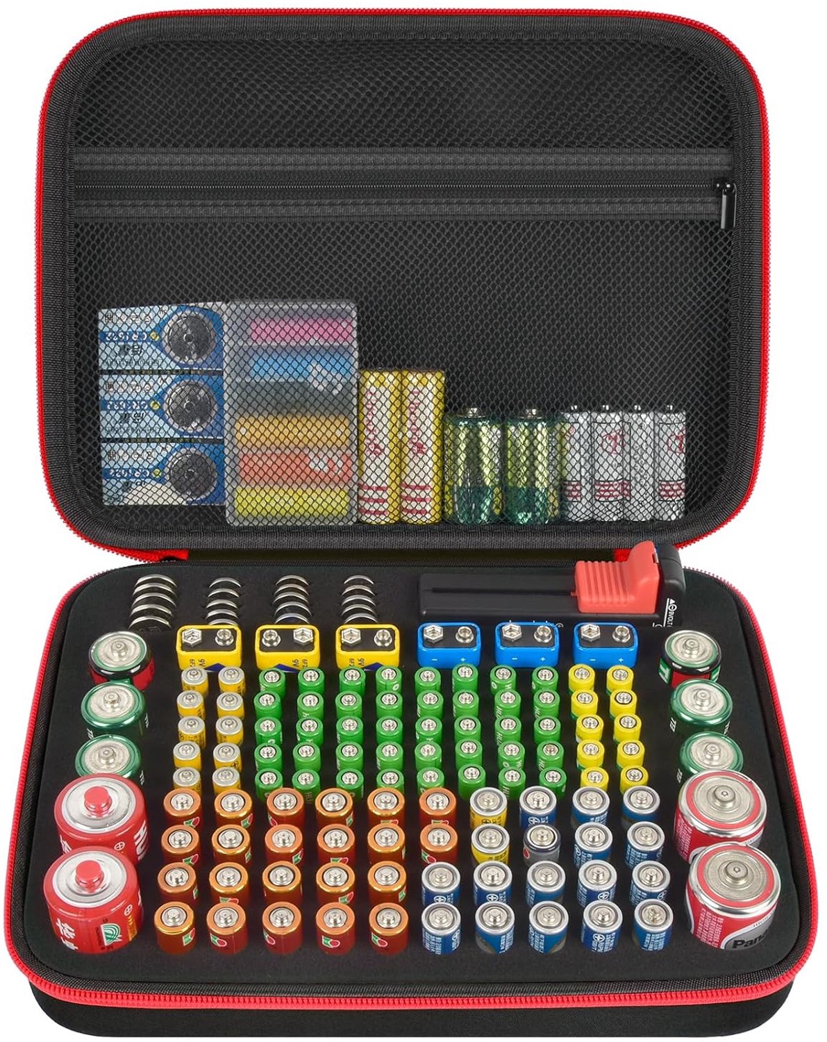 Batterij-opbergdoos, batterijbox, koffer met accutester BT-168, batterij-organizer, houdt 136+ batterijen AA AAA C D Cell 9V 3V lithium - zwart (alleen behuizing)