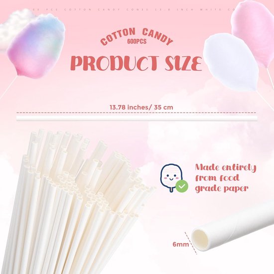 600 stuks suikerspin kegels 35 cm witte suikerspin sticks voor het maken van suiker, witte houder sticks voor verjaardagsfeestjes festivals — afbeelding 2