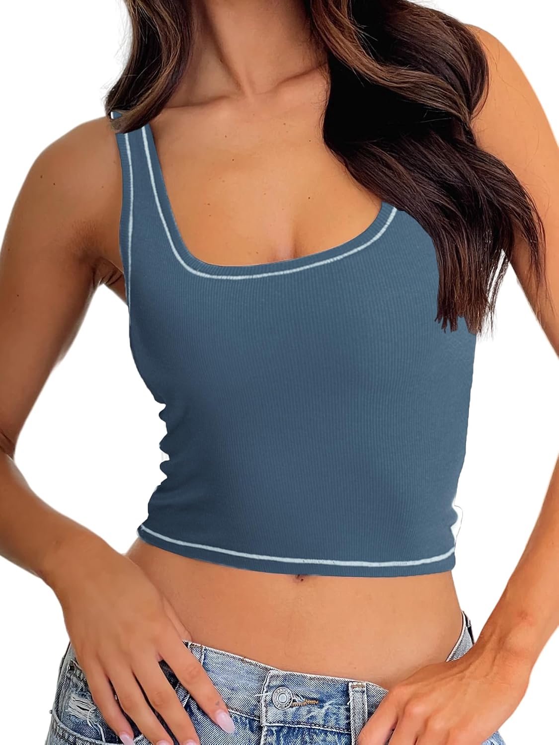 Tanktop voor dames, gewatteerde sporttop, crop-top met vierkante hals, getailleerde basic cami-top