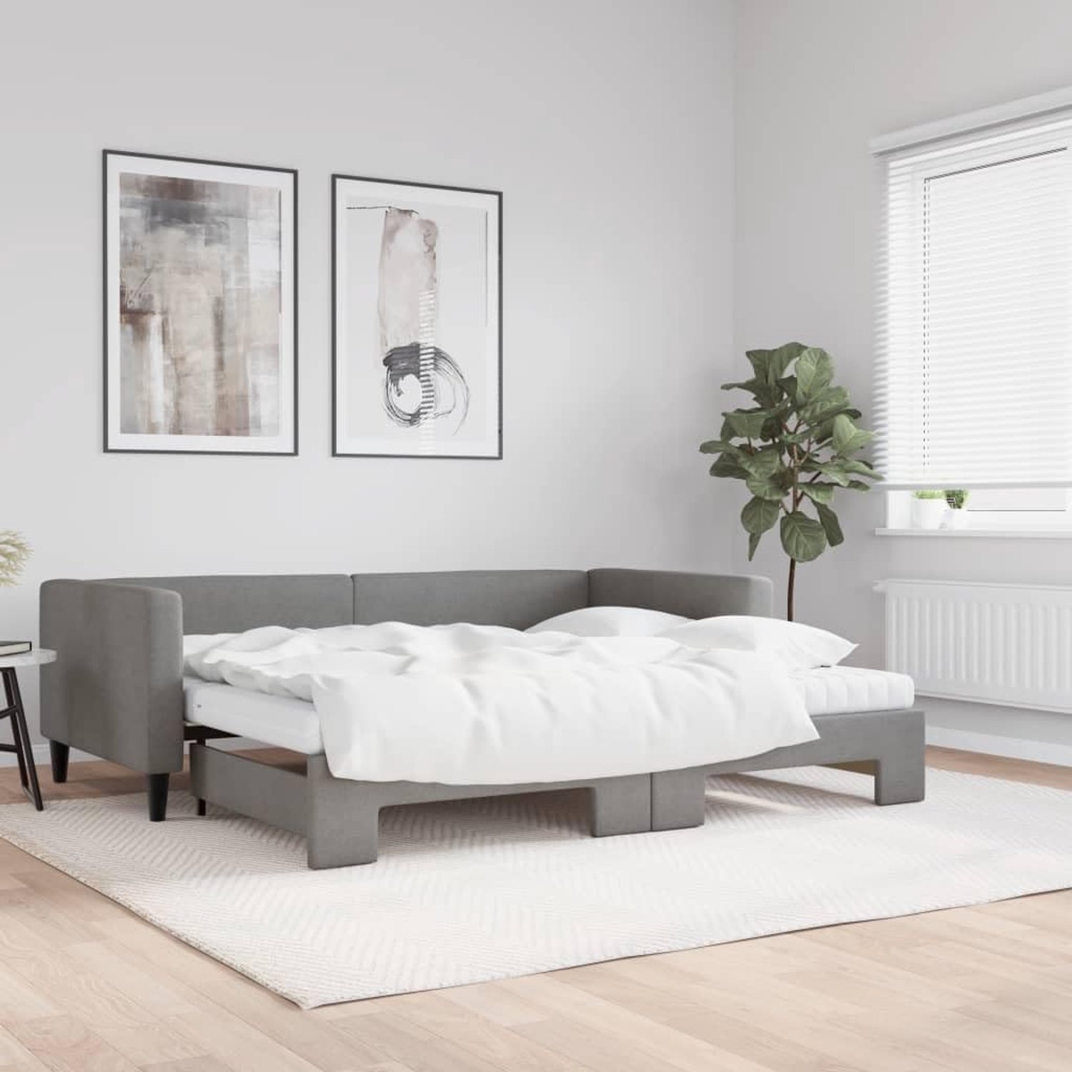 Uittrekbaar met matrassen, donkergrijs, 90 x 190 cm, stof, bedframe voor woonkamer, slaapkamer, hotelbedframe, geschikt voor slaapkamer