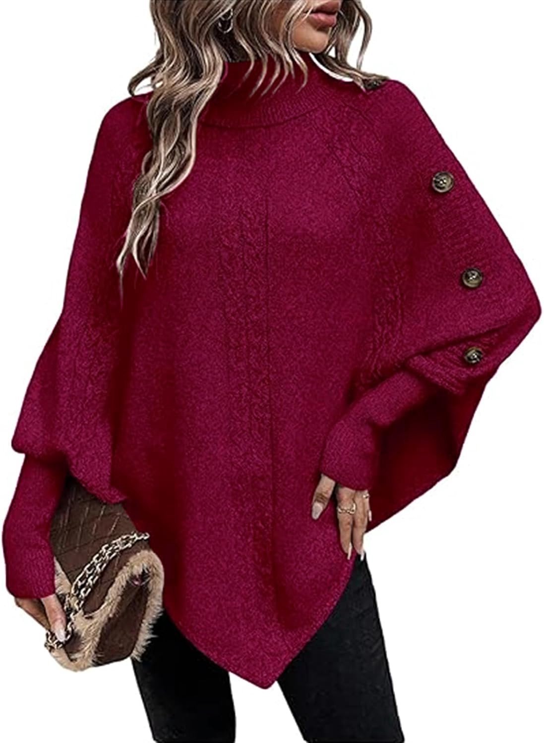 Gebreide Winterponcho - Bordeaux - Eén Maat - Met Hoge Kraag en Vleermuismouwen - Voor Dames