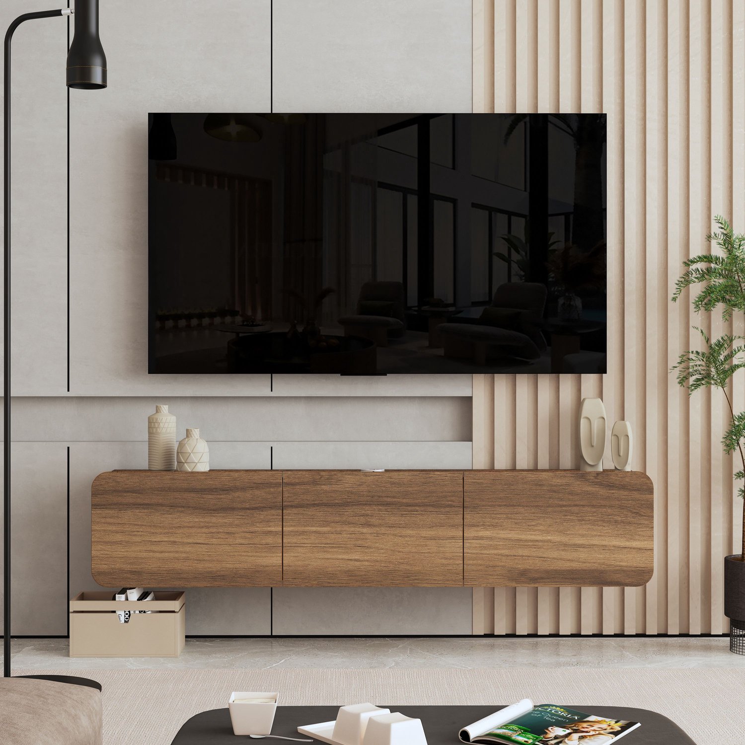 Brandloop Trois Zwevend tv-meubel - 3 Kleppen - Walnootkleur