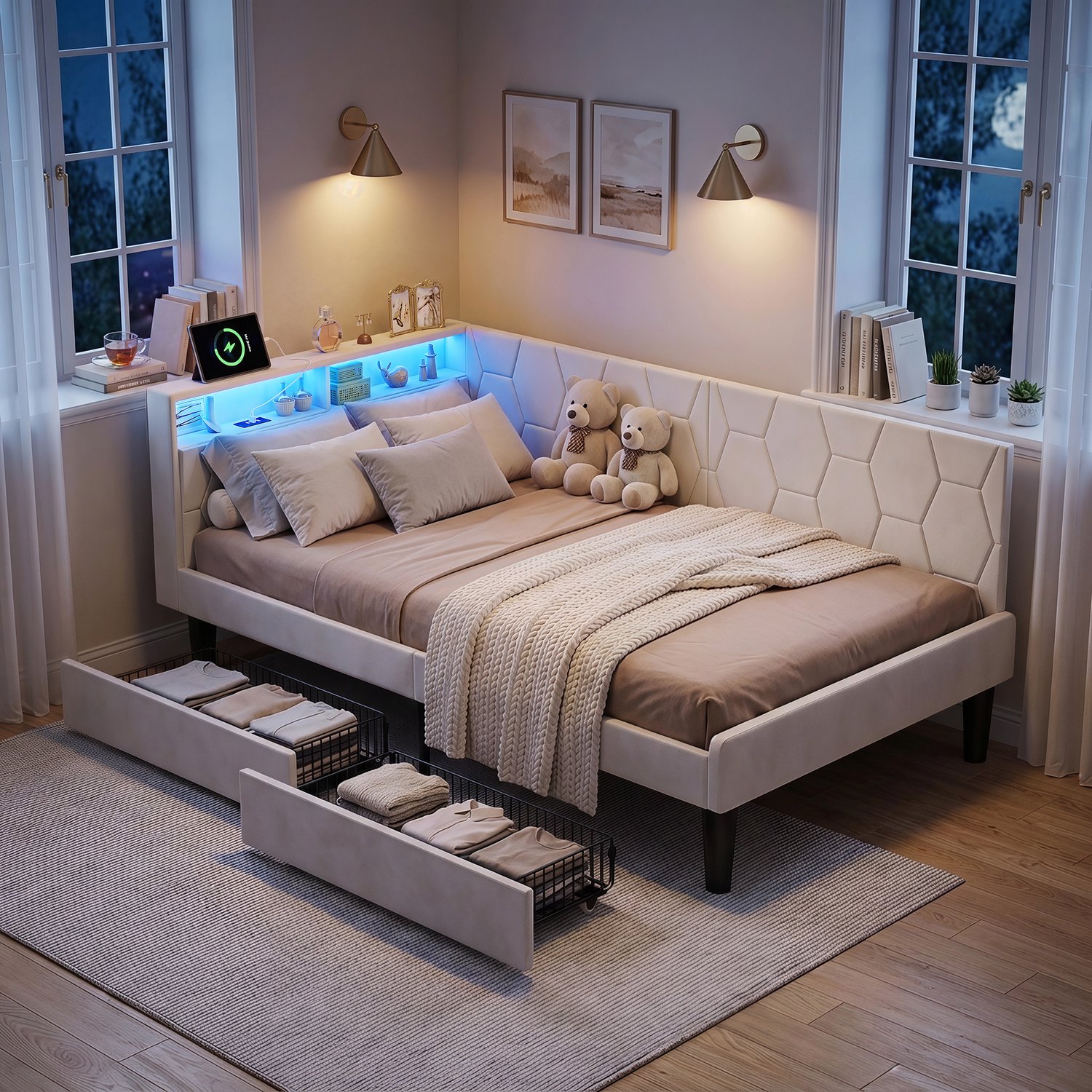 ROSAHQNDA Kinderbed 90x200 cm / L-vormig slaapbankje met verstelbaar hekje, gestoffeerde kinder-slaapbank, hoog gestoffeerd hoofdeinde, daybed met 2 lades en metalen lattenbodem, zonder matras Beige