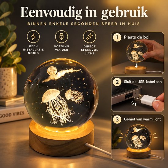Klarigo® Nachtlamp – 3D LED Lamp – Glazen Bol – Kwal- Warm Licht – Bureaulamp – Nachtlampje Kinderen – Creative lamp van Klarigo — afbeelding 5