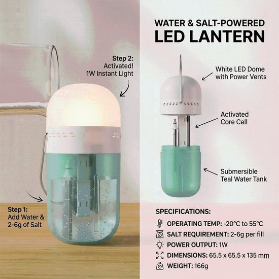 Campinglamp / Tentlamp Draagbare capsulelamp werkt op zout en water – geen batterijen nodig – voor verlichting bij stroomuitval — afbeelding 3