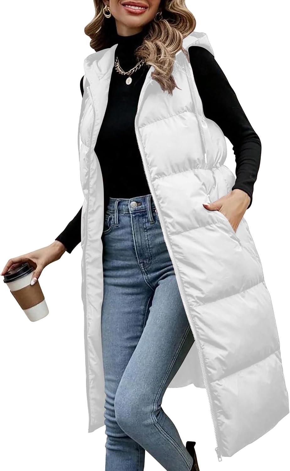 Lange vest met capuchon zonder mouwen