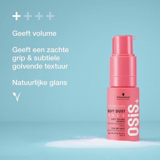 Roze fles Schwarzkopf OSiS+ Soft Dust met tekst over volume en textuur op een lichtblauwe achtergrond.
