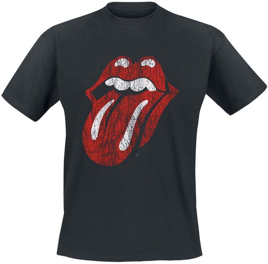 Zwart T-shirt met ronde hals en een verweerd rood-wit Rolling Stones tonglogo op de borst.
