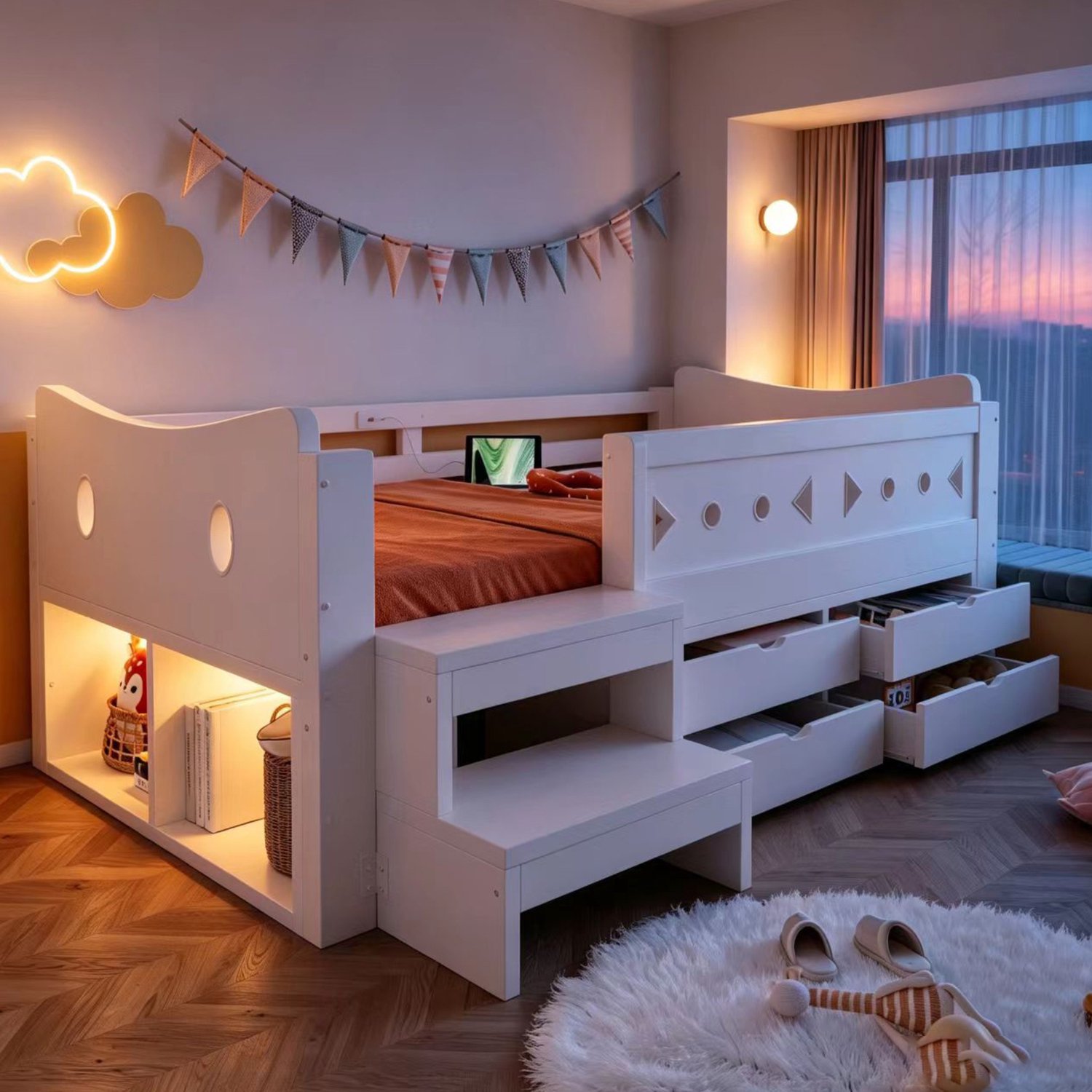 OOIILLEE Kinderbed 90 × 200 cm Met Uniek Hoofdeinde, Voorzien Van Opbergvakken, Lades en Veiligheidshek, Met LED-Verlichting Evenals USB- en Type-C oplaadpoorten, Eenpersoonsbed, Wit wit1