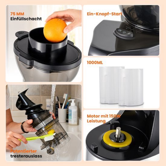 Slowjuicer Sapcentrifuge - Stekkertype EU - 150 W Vermogen - 75 mm Vulopening - BPA-vrij Materiaal - Voor Groenten En Fruit — afbeelding 3
