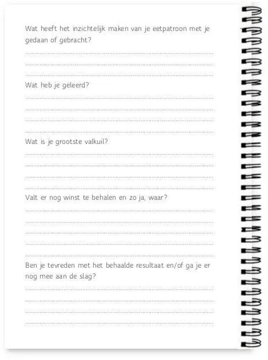 Pagina uit eetdagboek met reflectievragen over eetpatronen en resultaten, uitgevoerd in zwart-wit met ringband.