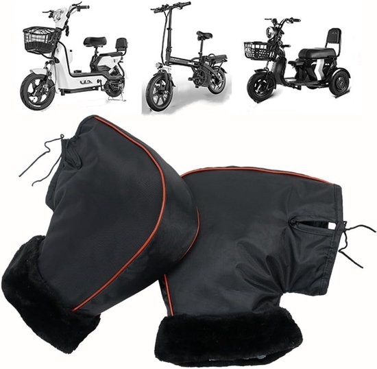 Zwarte motorhandschoenen met oranje accenten en zwarte pluche voering. Ook afbeeldingen van elektrische fietsen.