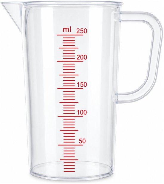 Lege transparante kunststof maatbeker van 250 ml met handvat, schenktuit en rode maataanduidingen.