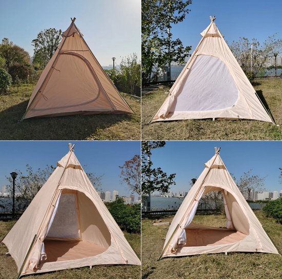 Scheurvast 300D oxford tipi kampeertent, binnen en buiten bruikbaar, khaki, geschikt voor maximaal 3 personen — afbeelding 2