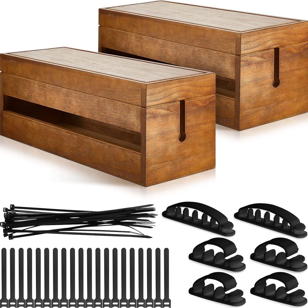 Hoteam 48 stuks houten kabelbeheerdoos kabelorganisatordoos set snoer verborgen kabelclips stekkerdoos houder zelfklevende kabelbeheerbanden koordhoezen voor kabels voor desktop thuiskantoor keuken