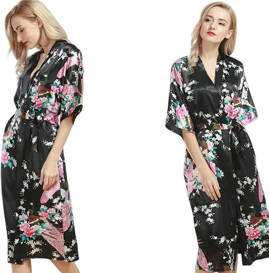 Gown Womens Silk Satin Kimono Robes Long Sleepwear Dressing Gown Floral Peacock Printed Pattern Party Wedding Bridesmaid Bathrobe-rose Red-s — afbeelding 3