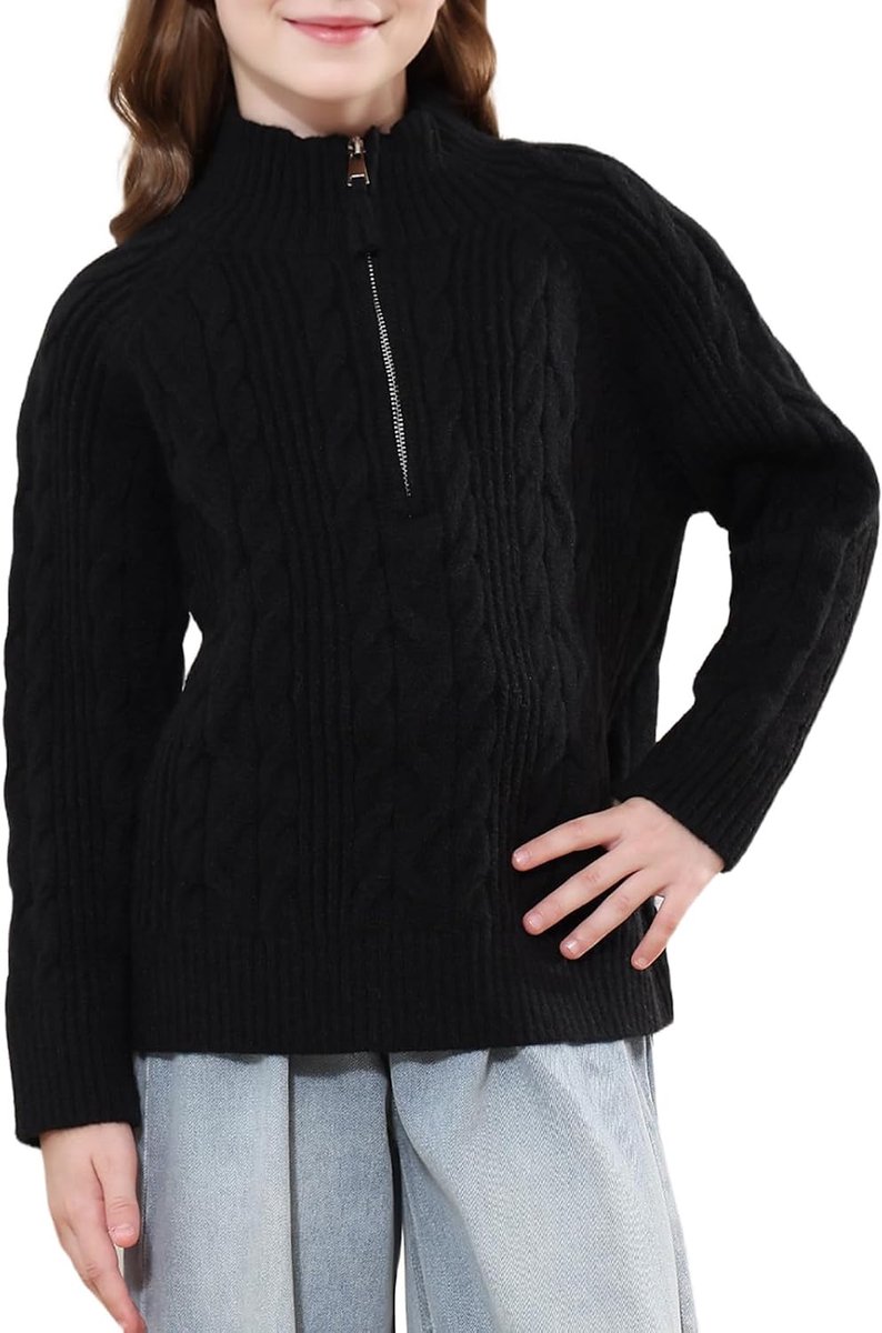 Gebreide Trui met Halve Rits, Staande Kraag Kabeltrui, Warme Lange Mouw Pullover, Zachte Cosy Wintertrui Kinderkleding, Herfst Winter Tops 5-15 Jaar