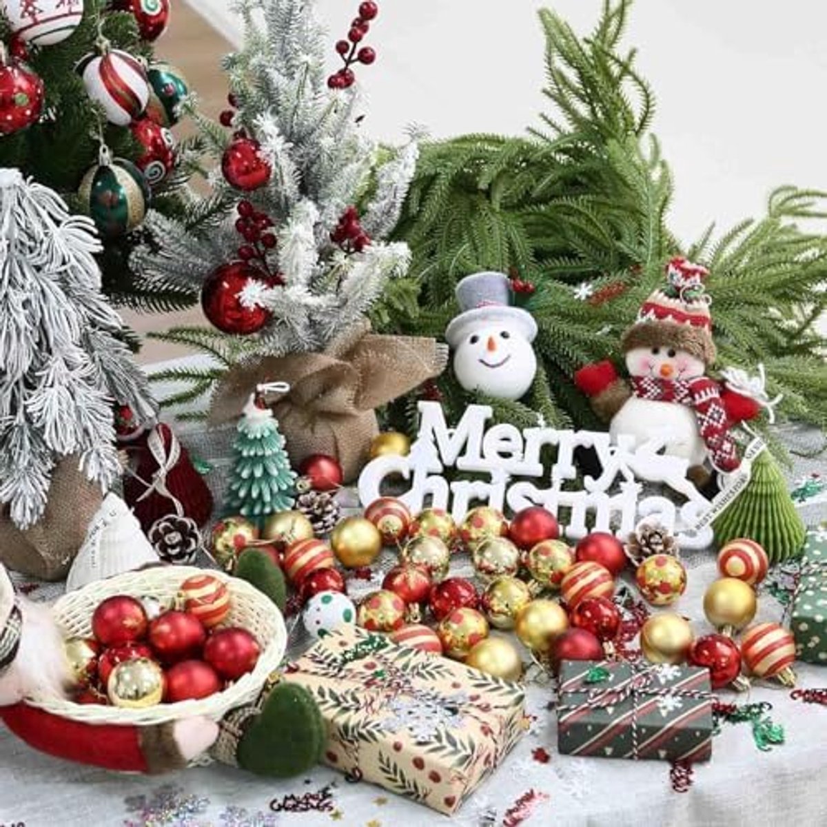 Kerstballen, rood goud, 50 stuks kerstballen kunststof set, kerstversiering met ophangsysteem breukveilig, boomversiering kerstmis voor de tuin thuis buiten
