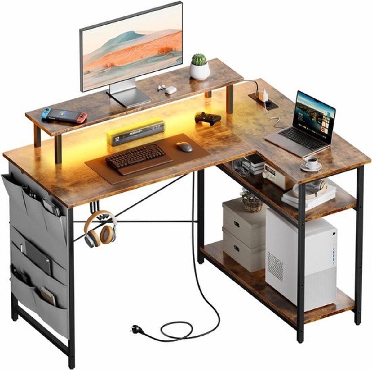 Computerbureau - L-vormig computerbureau - LED-hoekbureau - Met 2 stopcontacten en 2 USB-poorten - Computertafel - Met monitorstandaard en opbergplanken - Bureautafel - Voor thuiskantoor - 110 x 80 cm - Vintage bruin