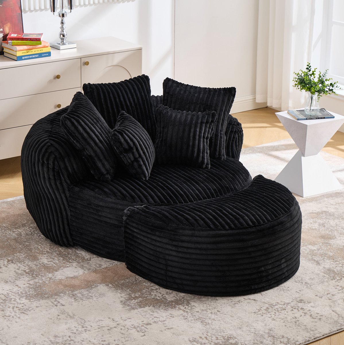 MIVRAY Fauteuil 168 Bij 123 Bij 63 cm - Zachte Chenille Met Vijf Kussens En Hocker - Voor Woonkamer, Slaapkamer En Leeshoek - Zwart