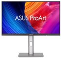ASUS ProArt monitor met een abstracte kleurenafbeelding op het scherm en een zilveren standaard.