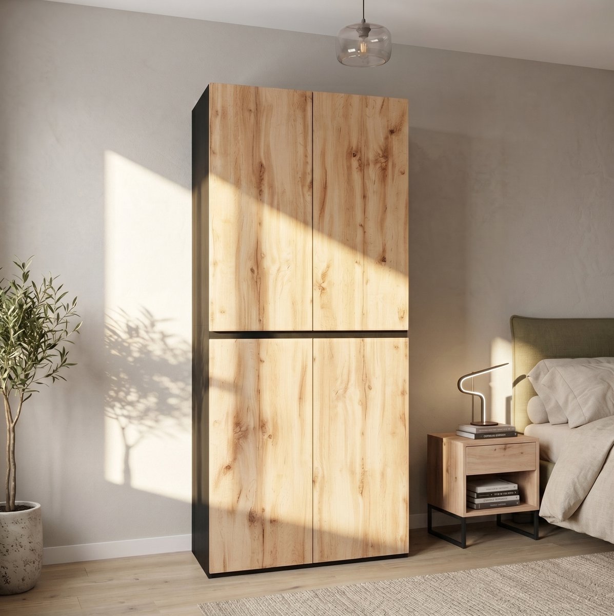 DESMIU Kledingkast - Vier Deuren Met Sieradenlade - Voor Slaapkamer En Hal - MDF En Spaanplaat - 90x50x200 Cm - Houtkleurig