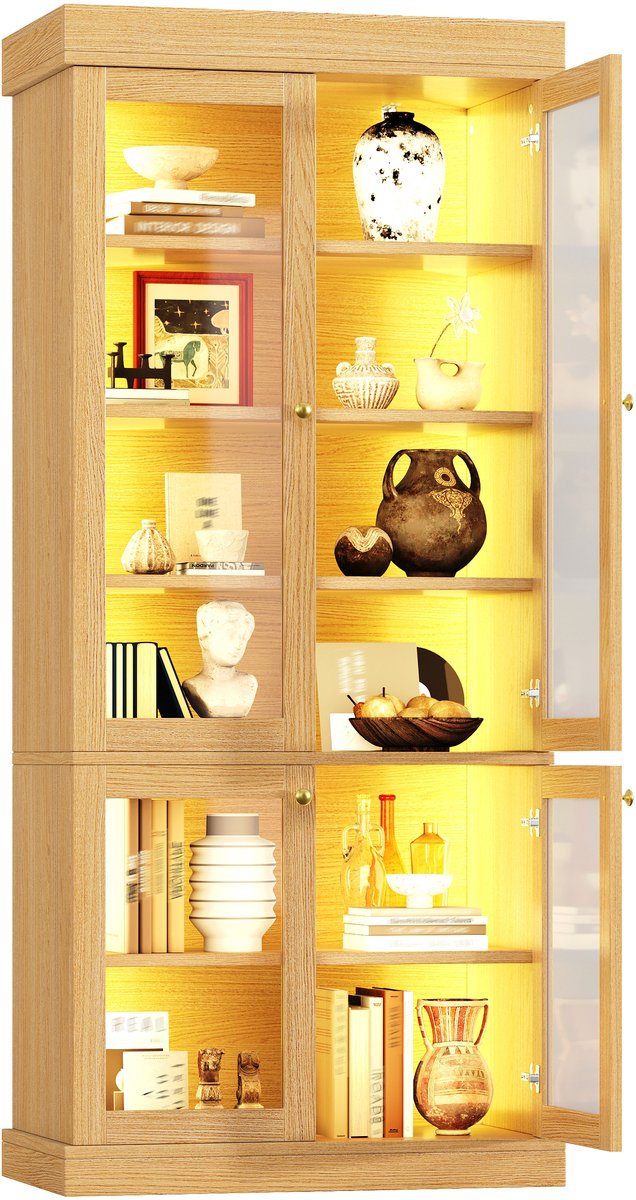 Vitrinekast Met Glazen Deuren En Ledverlichting - Hoge Opbergkast Met Planken - Voor Woonkamer, Slaapkamer Of Kinderkamer - MDF - Naturel Bruin