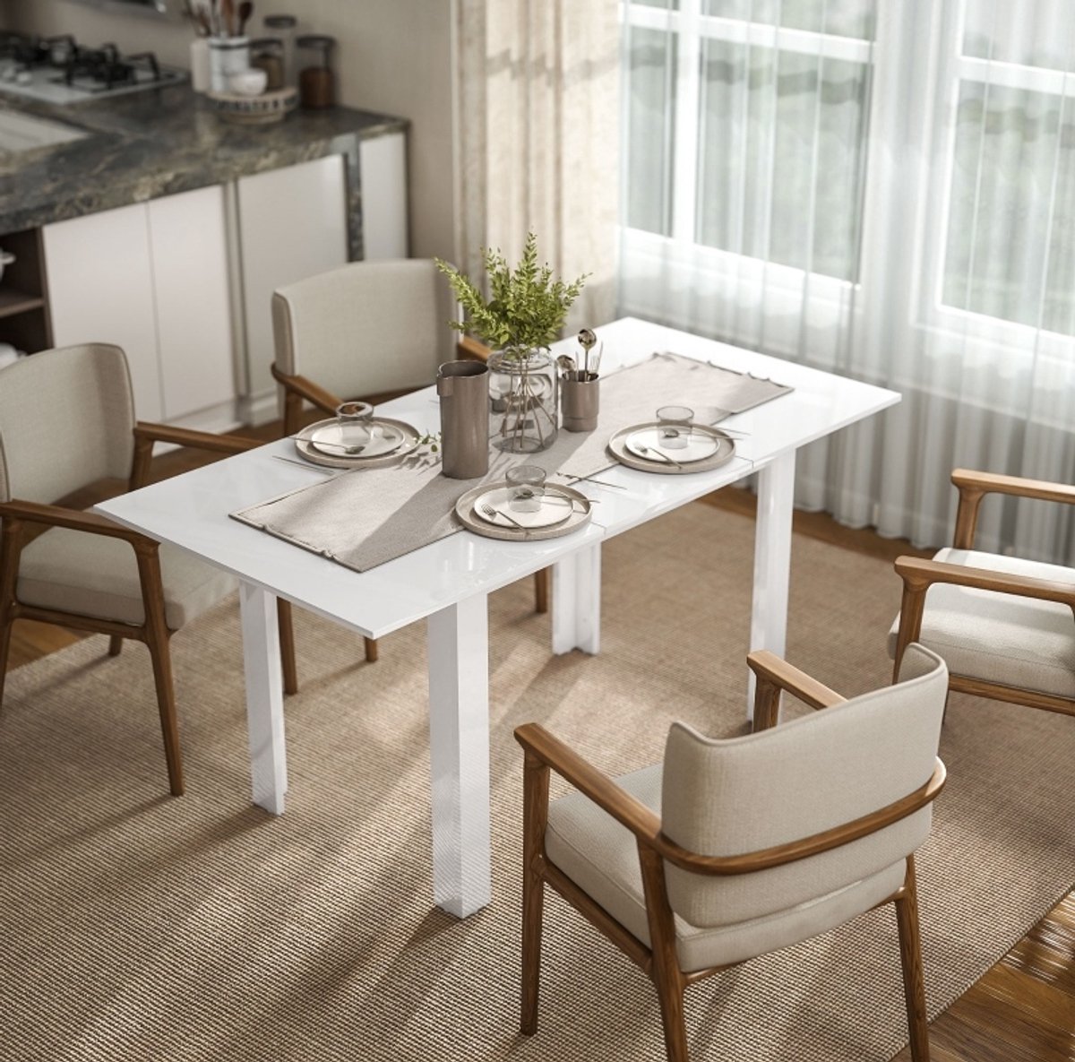 DESMIU Uitschuifbare Eettafel - Hoogglans Witte MDF Tafel Met Vlindermechanisme - Voor 4 Tot 6 Personen - 120-160 x 80 x 78 Cm