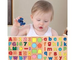 QSLKI 4-delige houten puzzelset voor kinderen van 3-12 jaar - Alfabet-, nummer- en vormpuzzels - Montessori-houten speelgoed om te tellen