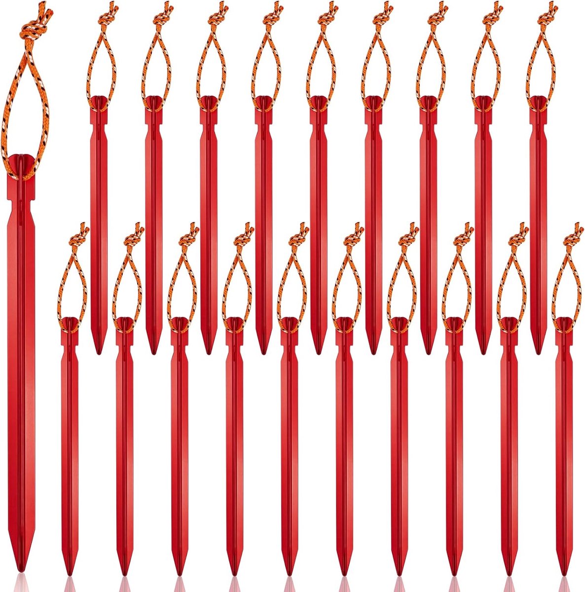 Tentharingen, 20 stuks, stormbestendig, zandharingen, aluminium haringen, 18 cm, stabiele campingharingen met touw, haringen voor camping en tuin (rood)