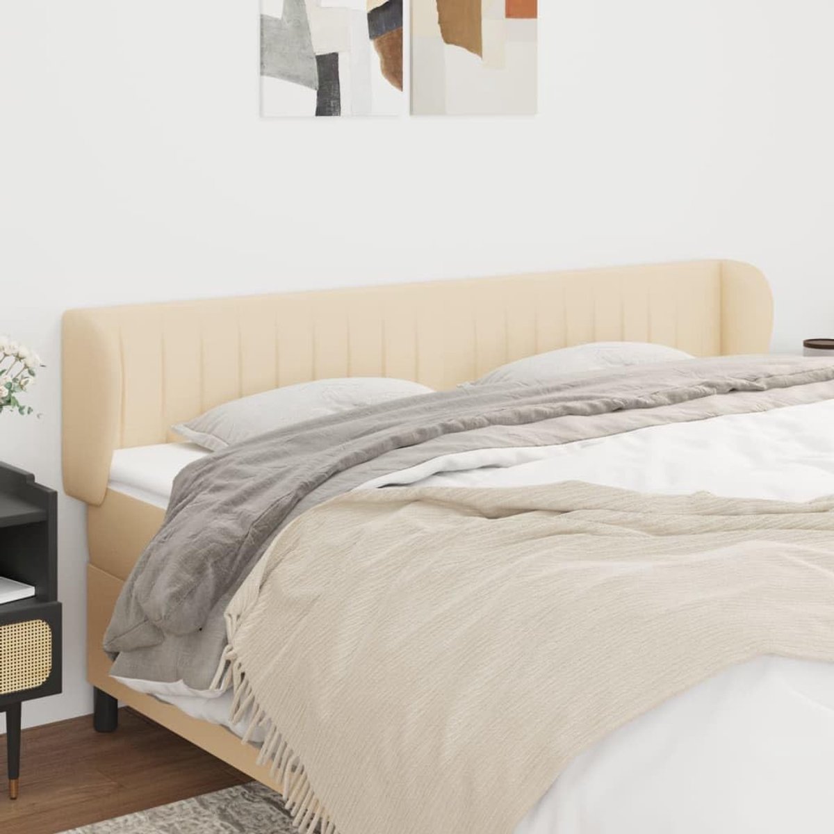 Hoofdsteun oor crème stof 183 x 23 x 78/88 cm, in hoogte verstelbaar, houten poten, rugsteun voor lezen en tv kijken.