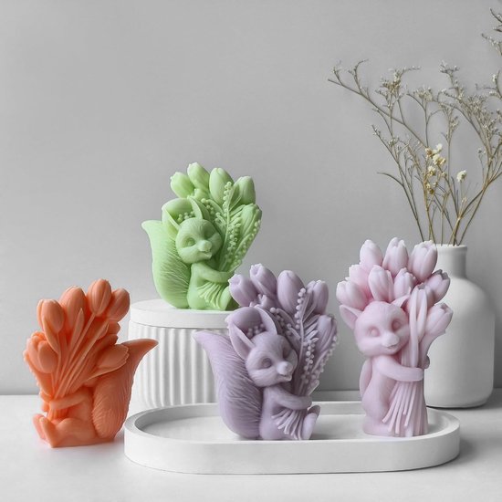 Houdt bloem kaarsvorm gipsvorm epoxyhars gietvorm 3D eekhoorntje houdt tulpen siliconen vorm voor fondant, taartdecoratie, chocolade, sojawas kaarsen, zeep, gips, handwerk (eekhoorn) — afbeelding 3