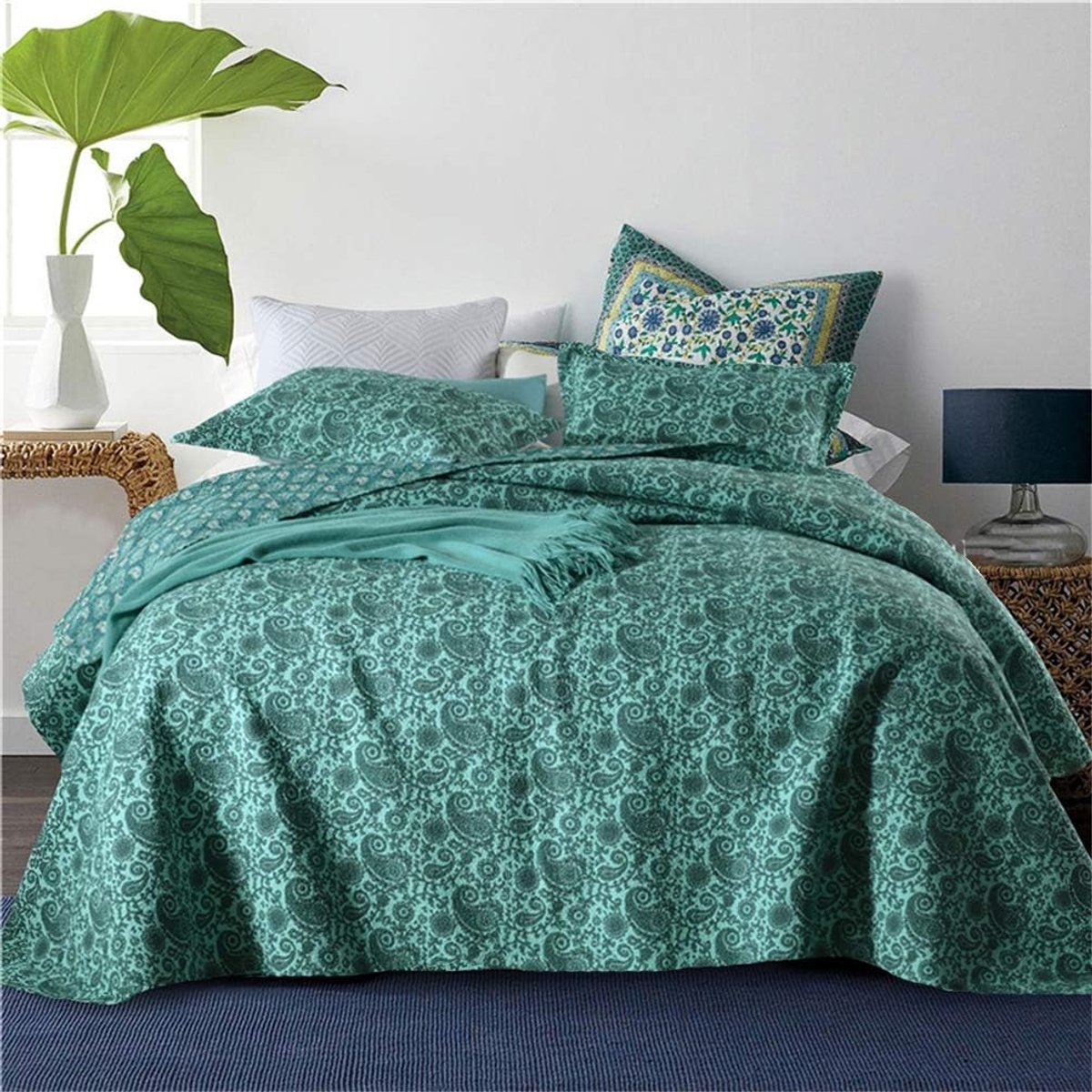 3 Stuks Handgemaakte piqué bouti sprei groen Print van Materiaal 100% Katoen 230 * 270cm + 50 * 70cmx2 voor bed 135 of 150 Omkeerbaar The New