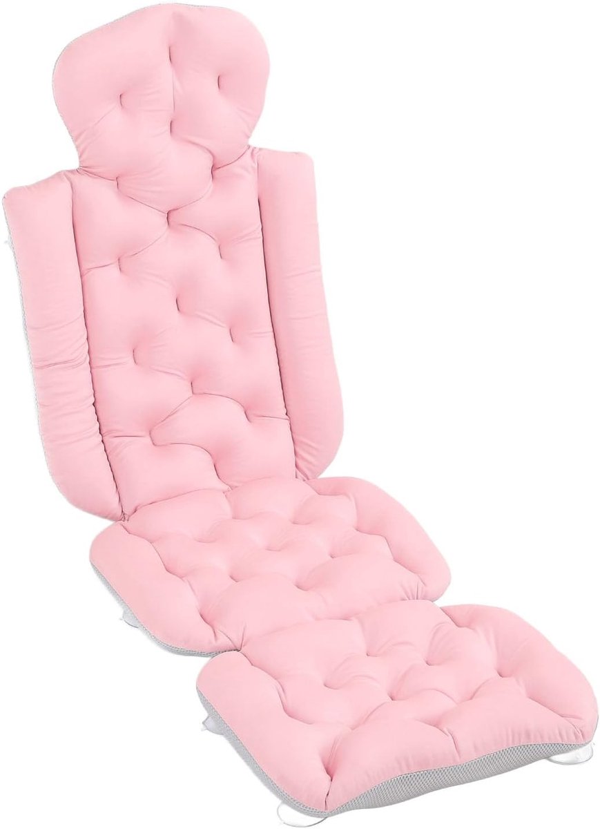 Badkussen voor Het Hele Lichaam, Antislipbadmat met Zuignappen voor Hoofdsteun, nek- en Rugsteun (roze)