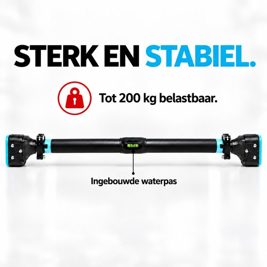 Zwarte optrekstang met blauwe uiteinden, met tekst "STERK EN STABIEL." en "Ingebouwde waterpas".