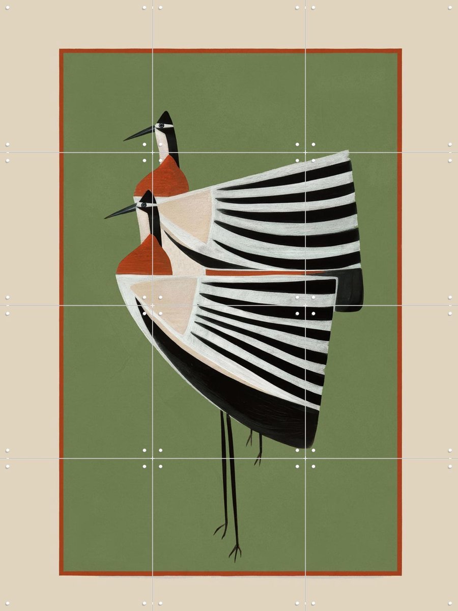 IXXI Striped Bird Pair, Branka Kodžoman - 60 x 80 cm - Grote wanddecoratie en posters - Illustraties, Speels, Abstract, Woonkamer, Studeerkamer Groen