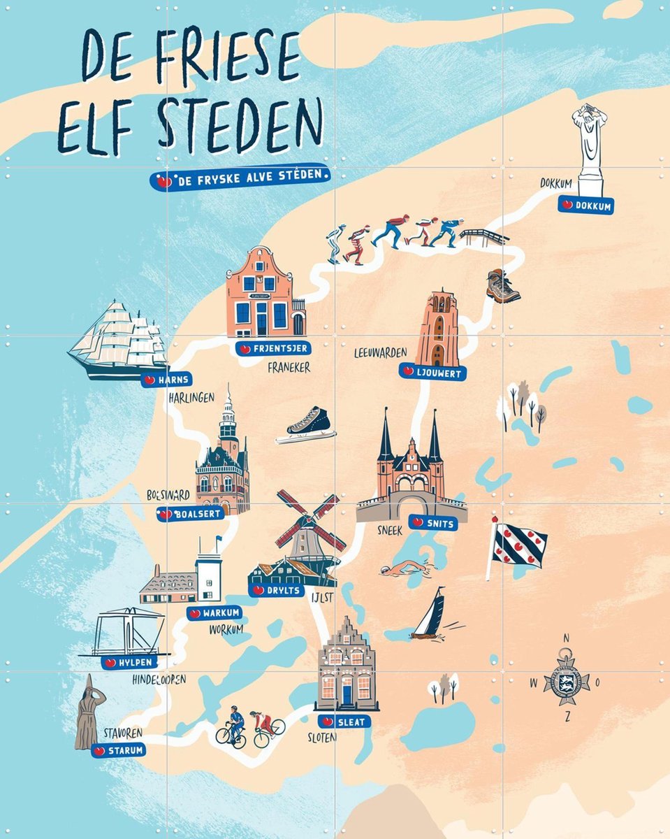IXXI Elfsteden, Revista Ontwerp & Kunst in Kaart - 80 x 100 cm - Gratis ophangtool - Grote wanddecoratie en posters - Illustraties, Gang, Trap