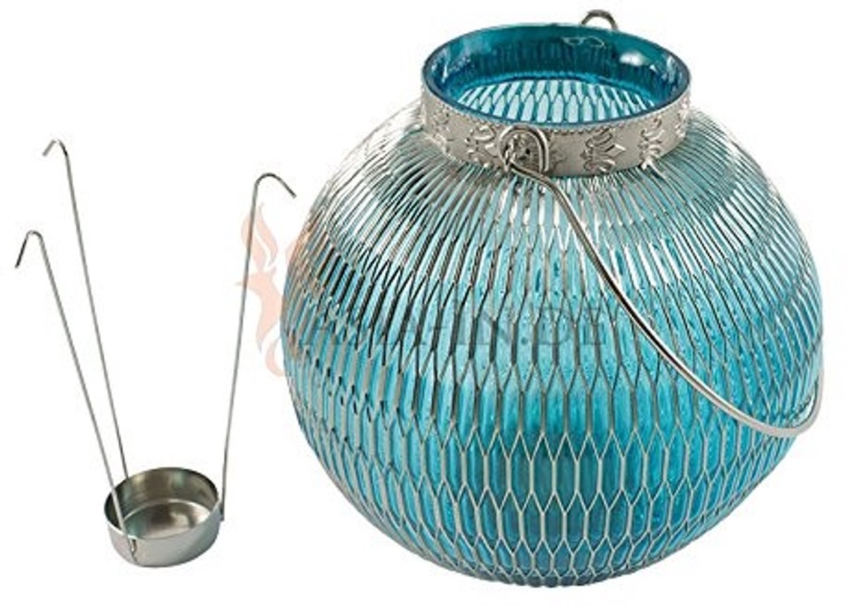 Oosterse Tafel Lantaarn - Van Glas en Nikkel - Blauw Groen Olijf 20 x 17 cm