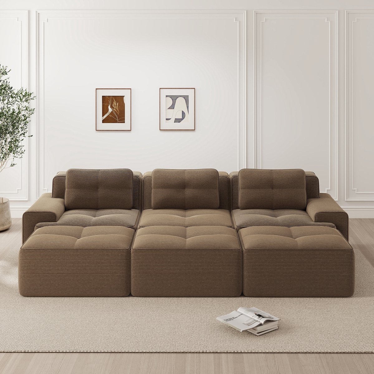 HAUSS SPOLE Hoekbank - Modulaire 3-Zitsbank Met Slaapfunctie En 3 Hockers - Voor Woonkamer En Ontspanning - Corduroy Bruin