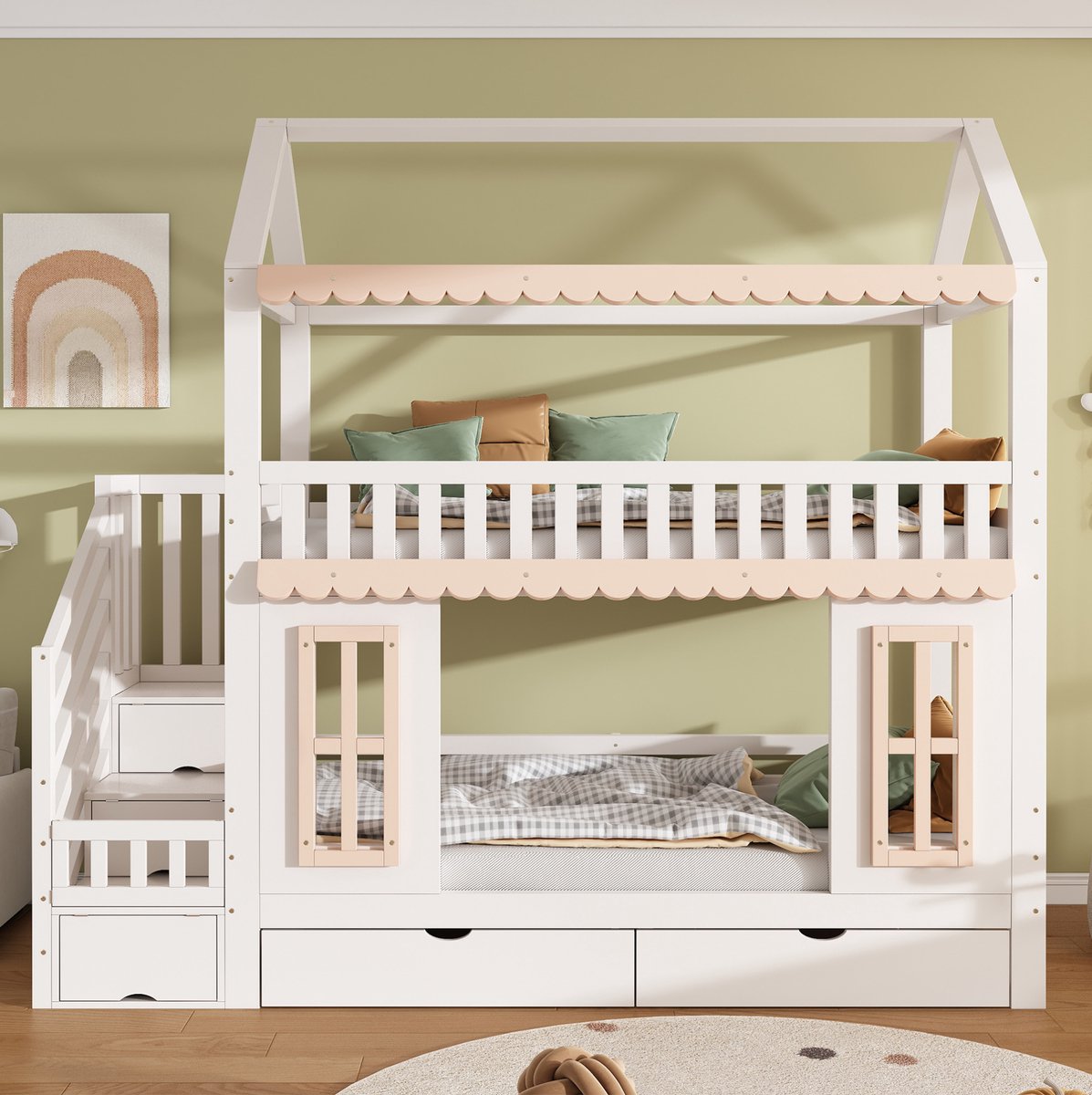 REDOM Stapelbed in huisvorm - Zijladder met opbergvakken - Twee lades onder het bed - Houten lattenbodems - Hout en MDF - Wit en natuurlijk - 254 x 100,5 x 238 cm