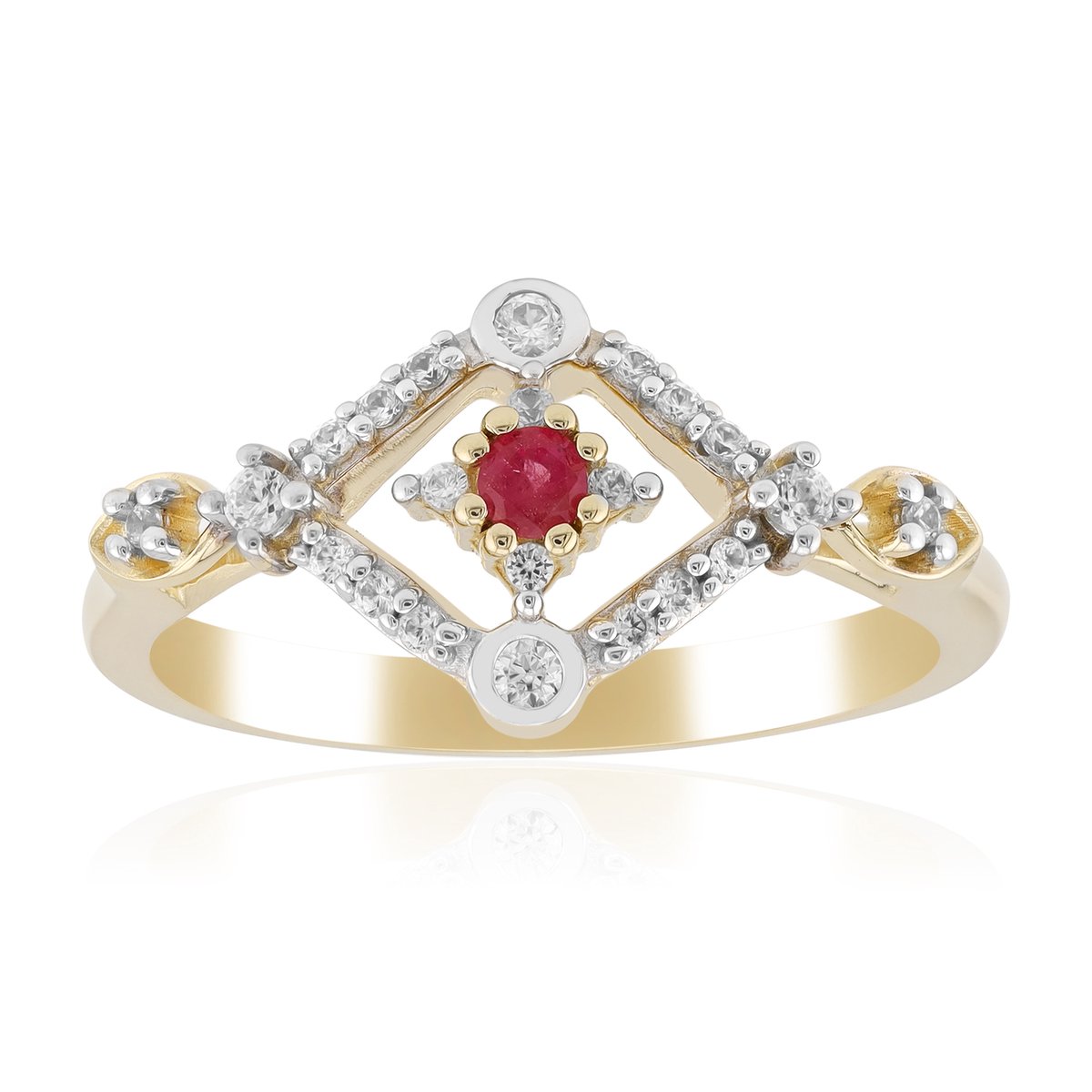 Cavill - 375 Geelgouden Ring met Ronde Rode Beryl 0,043 ct en Zirkonia's 0,184 ct - Elegante Gouden Ring Dames - Tijdloze Sieraden