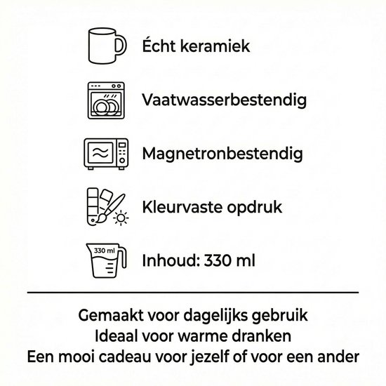 Overzicht van producteigenschappen: keramiek, vaatwasser- en magnetronbestendig, kleurvast, 330 ml.